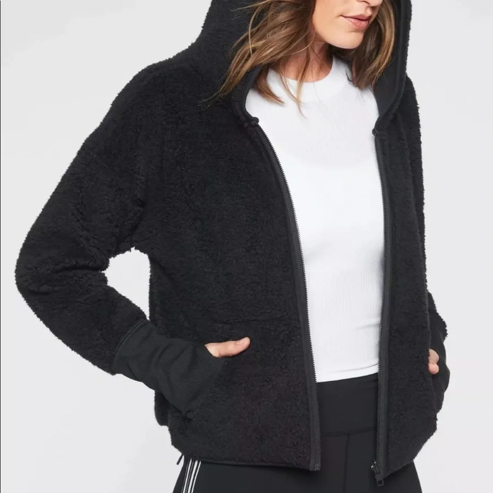 Athleta Black Sherpa Reversible Hoodie Jacket Sz S - Picture 1 of 10